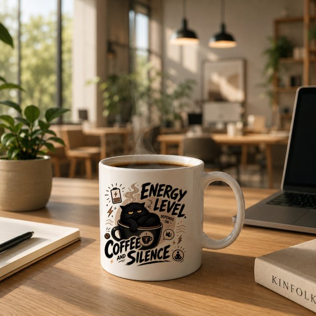 Caneca de Café de Gato Preto Engraçada para Introv (Coffee and silence mug)