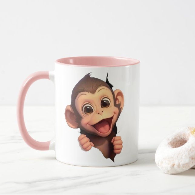 Caneca de Café de Macaco Sorridente Fofo – Animal  (Com Donut)