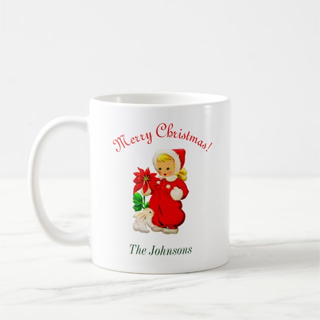 Caneca de café de Natal com menina retrô e coelho (Esquerda)