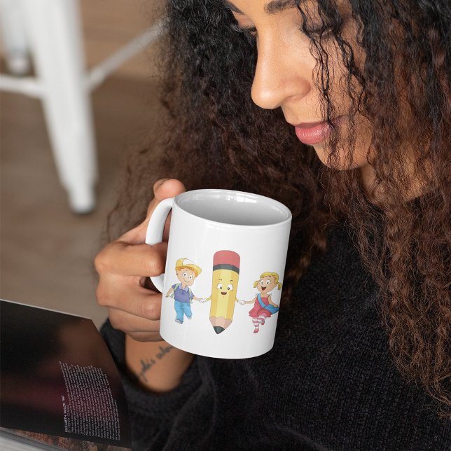 Caneca De Café De volta à escola Cartoon Happy Pencis e Crianças (Criador carregado)