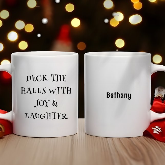 Caneca De Café Deck the Halls Quirky Text Name Christmas (Front and back view)