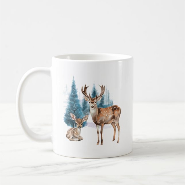 Caneca De Café Deer and doe with snowy pine tree (Esquerda)