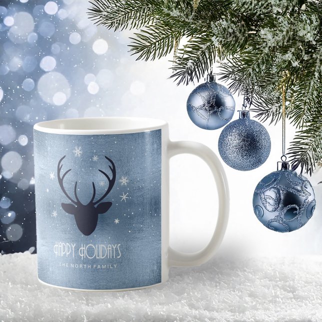 Caneca De Café Deer Antlers Silhouette & Snowflakes Blue ID861 (Criador carregado)