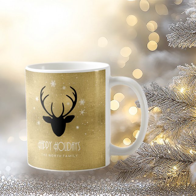 Caneca De Café Deer Antlers Silhouette & Snowflakes Dourado ID861 (Criador carregado)