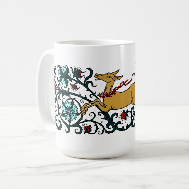 Caneca De Café Deer Executando Através Da Folhagem Floral (Frente Esquerda)
