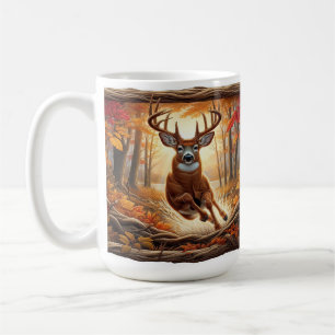 Caneca De Café Deer Pulando Através Da Floresta Vibrante Do Outon
