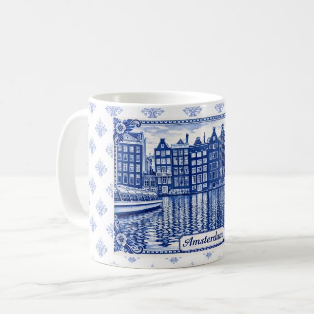 Caneca De Café Delft Blue style mug: Amsterdam (Frente Esquerda)