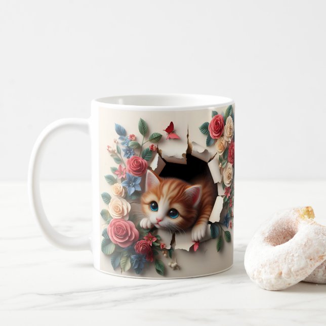 Caneca De Café Delícia Whimsical: Buraco de Kitten em uma Parede  (Com Donut)