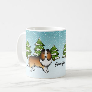Caneca De Café Desative Sheltie Cartoon Dog Em Inverno E Nome