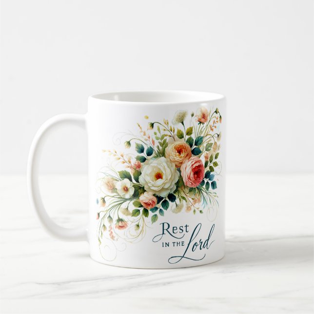 Caneca De Café Descanse no Senhor floral (Esquerda)
