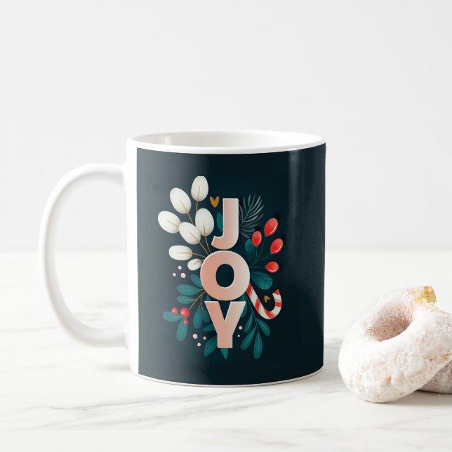 Caneca De Café Desejamos-Lhe ALEGRIA, Candy De Natal E Folhagem (Com Donut)