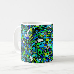Caneca De Café Desenho Abstrato Ondas Formas Azul Verde