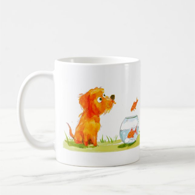 Caneca De Café Desenho Animado de Cachorro e Peixe Dourado (Esquerda)