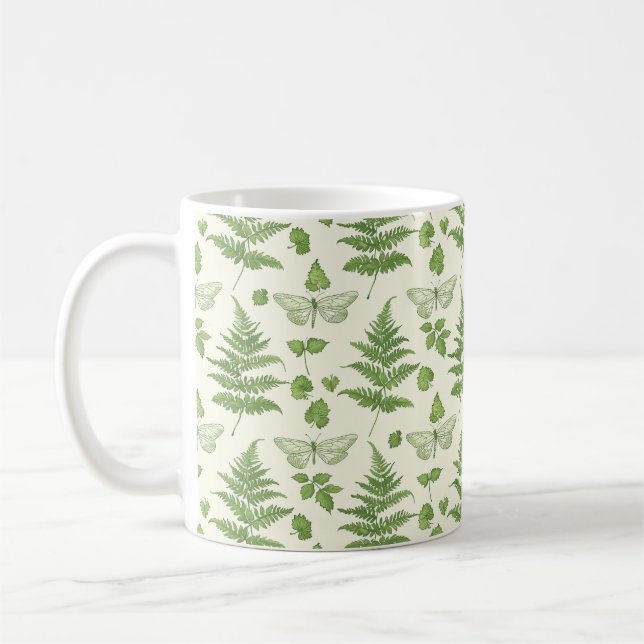 Caneca De Café Desenho Botânico de Samambaia Verde Amarelo (Esquerda)