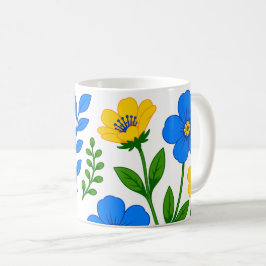 Caneca De Café Desenho Botânico Floral Azul e Amarelo