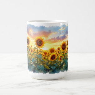Caneca De Café Desenho colorido de girassóis ao pôr do sol