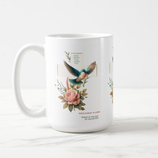 Caneca De Café Desenho Cristão com Cruz e Pássaro (Esquerda)
