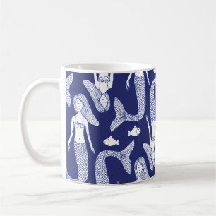 Caneca De Café Desenho Da Sereia: Padrão De Peixe Vintage.