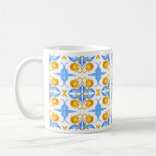 Caneca De Café Desenho de Azulejo Botânico Dourado e Azul – Aquar
