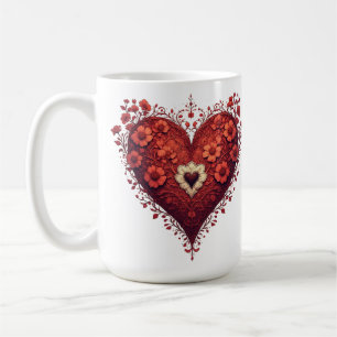 Caneca De Café Desenho de Coração Floral Vermelho Com Flores em F
