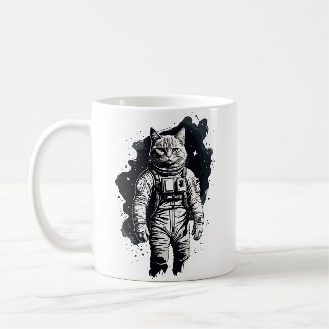 Caneca De Café Desenho de Gato Astronauta com Tinta Preta (Esquerda)
