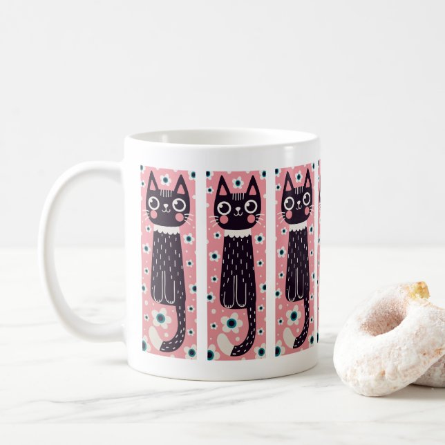 Caneca De Café Desenho De Gato Preto De Mão Quente (Com Donut)