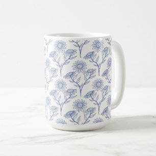 Caneca De Café Desenho de girassóis azuis delineados a tinta