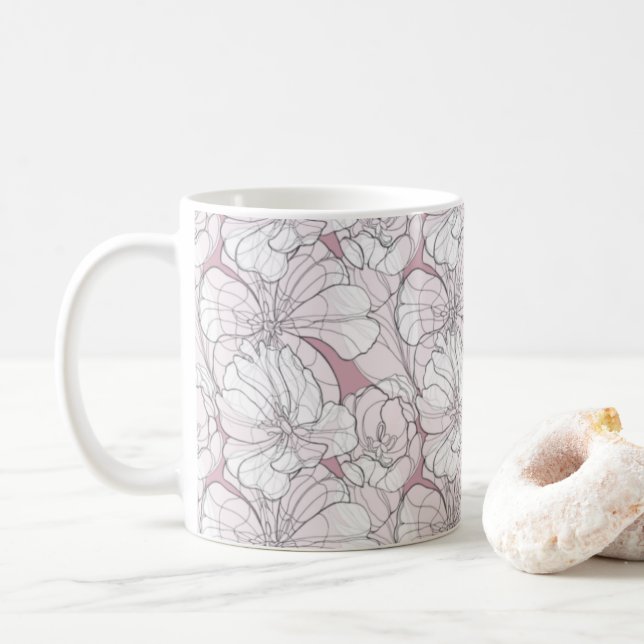 Caneca De Café Desenho de Linha de Tulips (Com Donut)