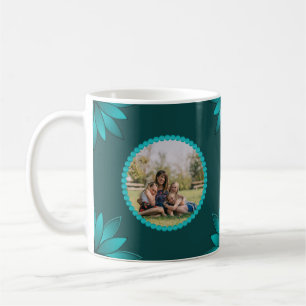 Caneca De Café Desenho de Mandala de Folha Azul-Verde em Ciano Es