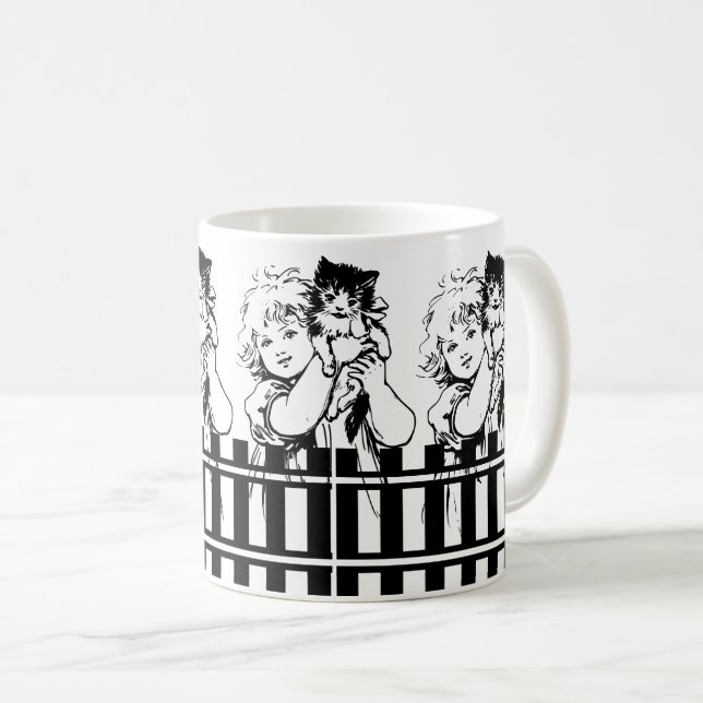 Caneca De Café Desenho de Menina com Gato Negro e Branco no Jardi (Frente Esquerda)