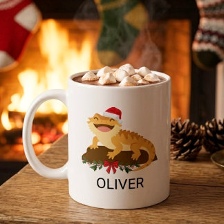 Caneca De Café Desenho de Natal Dragão Barbudo Nome Personalizado