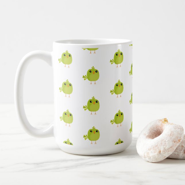 Caneca De Café Desenho de Pássaro Verde   (Com Donut)