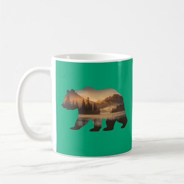 Caneca De Café Desenho de Silhueta de Urso com Vista do Pôr do So (Esquerda)