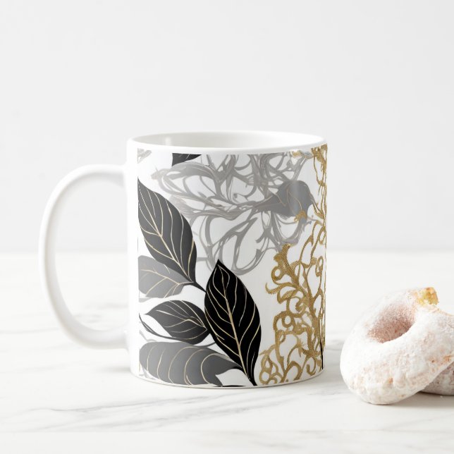 Caneca De Café Desenho de videira com folhas elegante em dourado, (Com Donut)