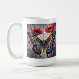Caneca De Café Desenho de vitral de borboleta flor papoula