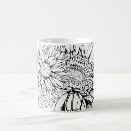 Caneca De Café Desenho em Linha Preta de Crisântemo com o Seu Nom