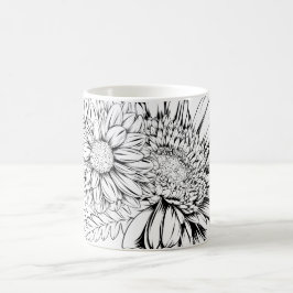 Caneca De Café Desenho em Linha Preta de Crisântemo com o Seu Nom