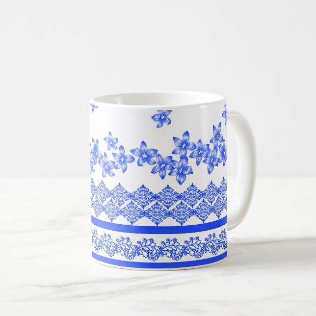 Caneca De Café Desenho floral azul e branco, (Frente Esquerda)