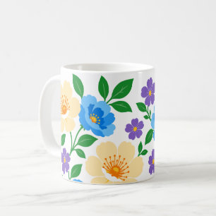 Caneca De Café Desenho Floral com Flores Azuis, Creme e Roxas