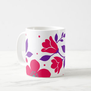 Caneca De Café Desenho Floral Cor-de-Rosa Intenso com Folhas Roxa