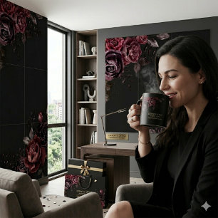 Caneca De Café Desenho Floral de Rosa Preta Romântica e Elegante