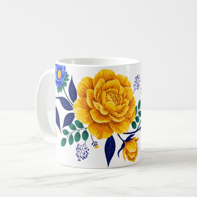 Caneca De Café Desenho Floral Elegante com Flores Douradas e Azui (Frente Esquerda)