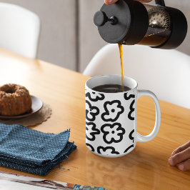 Caneca De Café Desenho Floral Moderno, Negro e Branco