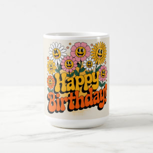 Caneca De Café Desenho Floral Retro Groovy Feliz Aniversário