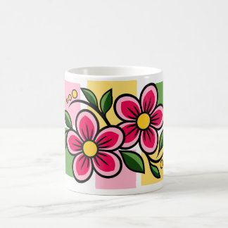 Caneca De Café Desenho Floral Rosa com Folhas Verdes