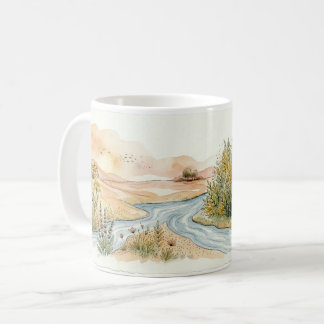 Caneca De Café Desenho Minimalista de Paisagem de Rio em Aquarela