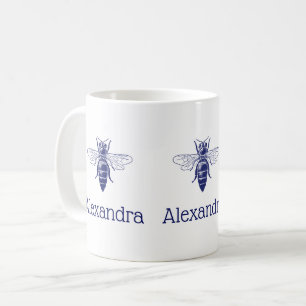 Caneca De Café Desenho Vintage da Rainha Abelha em Azul
