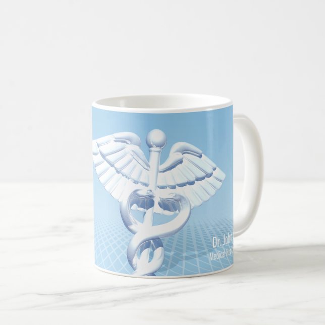 Caneca De Café Design Azul 3D Caduceus Branco Médico (Frente Esquerda)