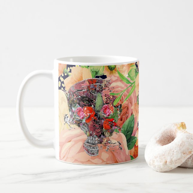 Caneca De Café Design de Caveira Floral (Com Donut)