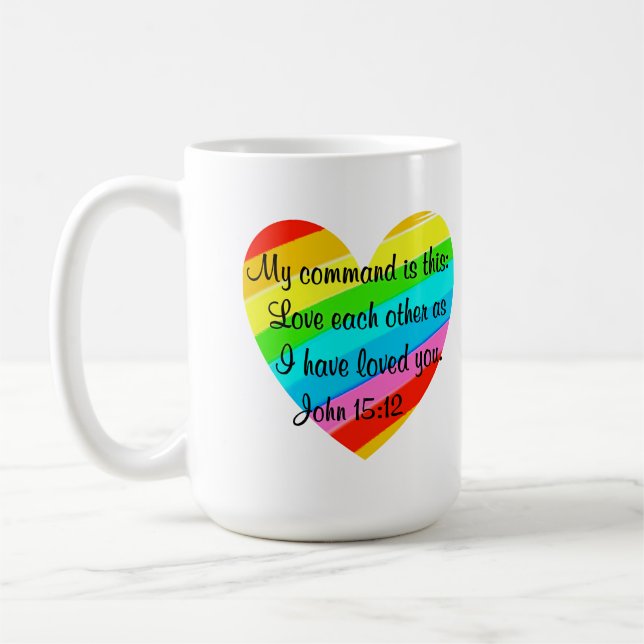CANECA DE CAFÉ DESIGN DE CORAÇÃO DE RAINBOW JOHN 15:12 (Esquerda)